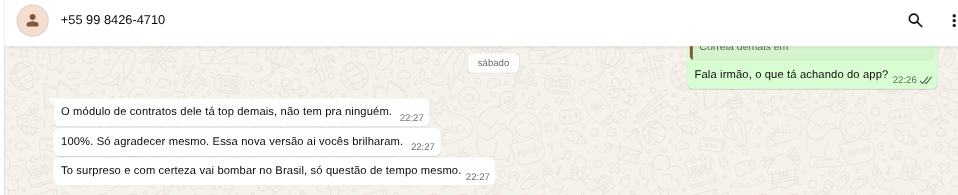 Veja o que estão falando sobre o app - Depoimentos reais via WhatsApp